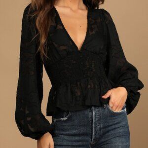 Lulus Patio Date Black Floral Jacquard Button-up Long Sleeve Top - Size XL